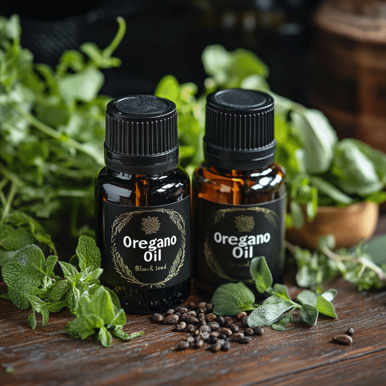 oil of oregano with black seed oil on rustic table