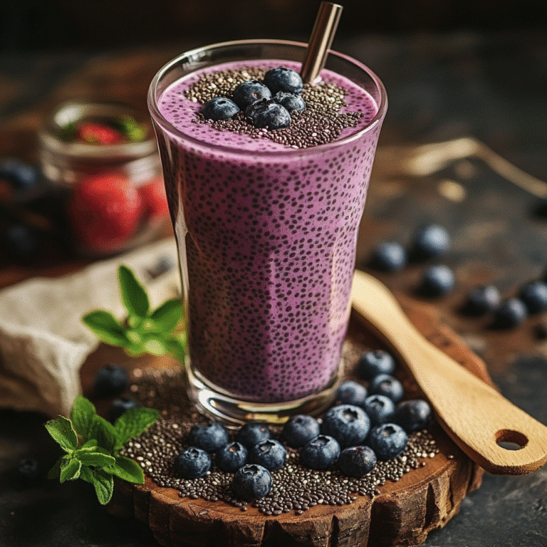 chia seed smoothie in glass with blueberries