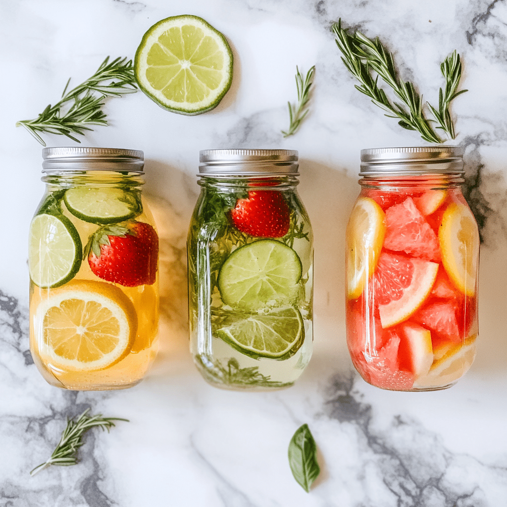 Colorful detox water recipes in glass jars