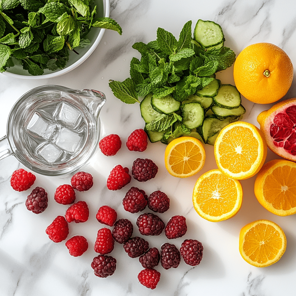 Detox water ingredients like berries, citrus, and herbs