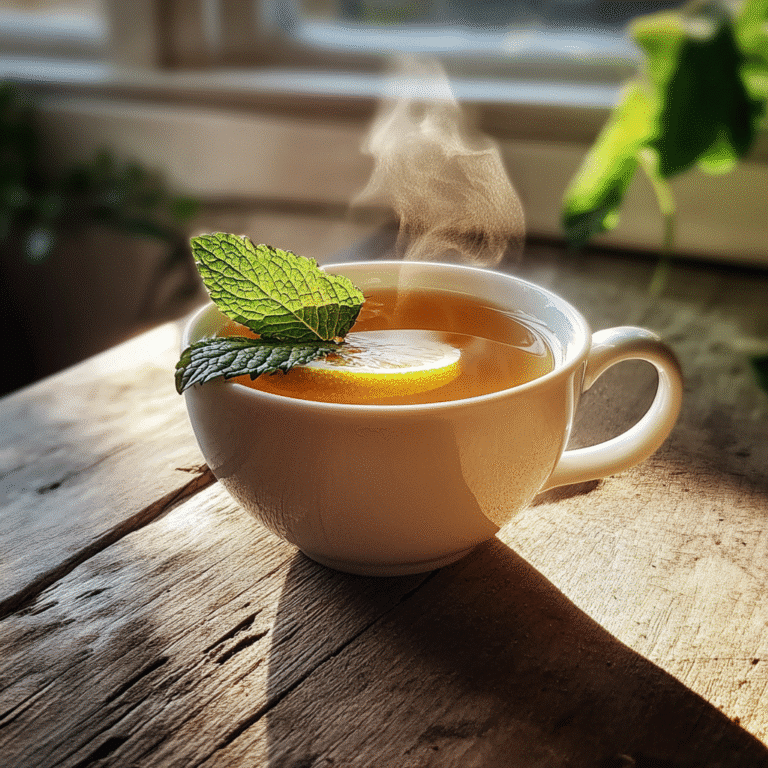Freshly brewed lemon balm tea recipe on rustic table