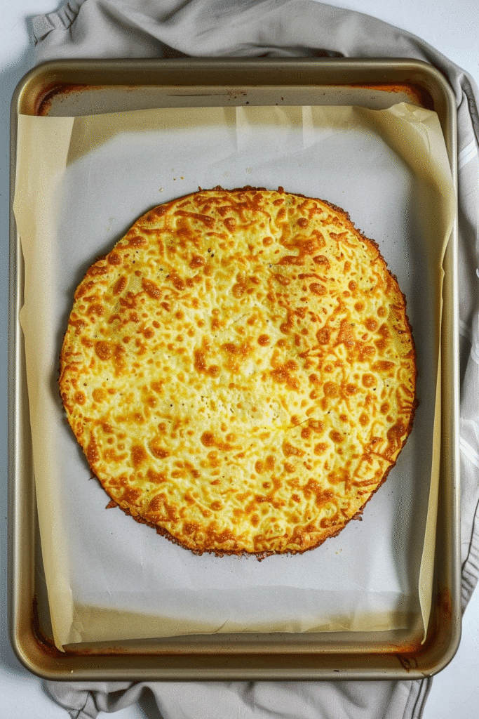 Keto Cottage Cheese Egg Pizza Crust: The Ultimate Gluten-Free Low-Carb Crust Alternative 12 Golden baked keto cottage cheese egg pizza crust on baking tray