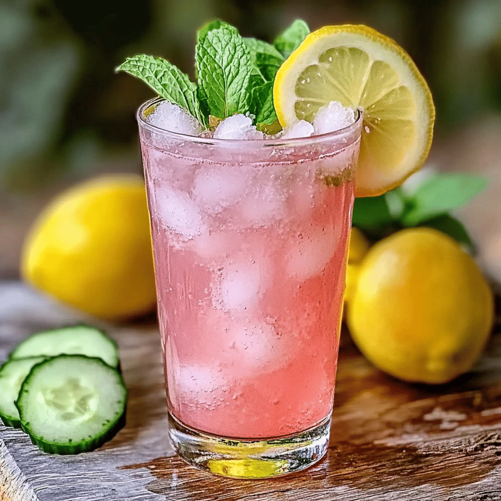 Pink salt trick recipe in a glass with lemon