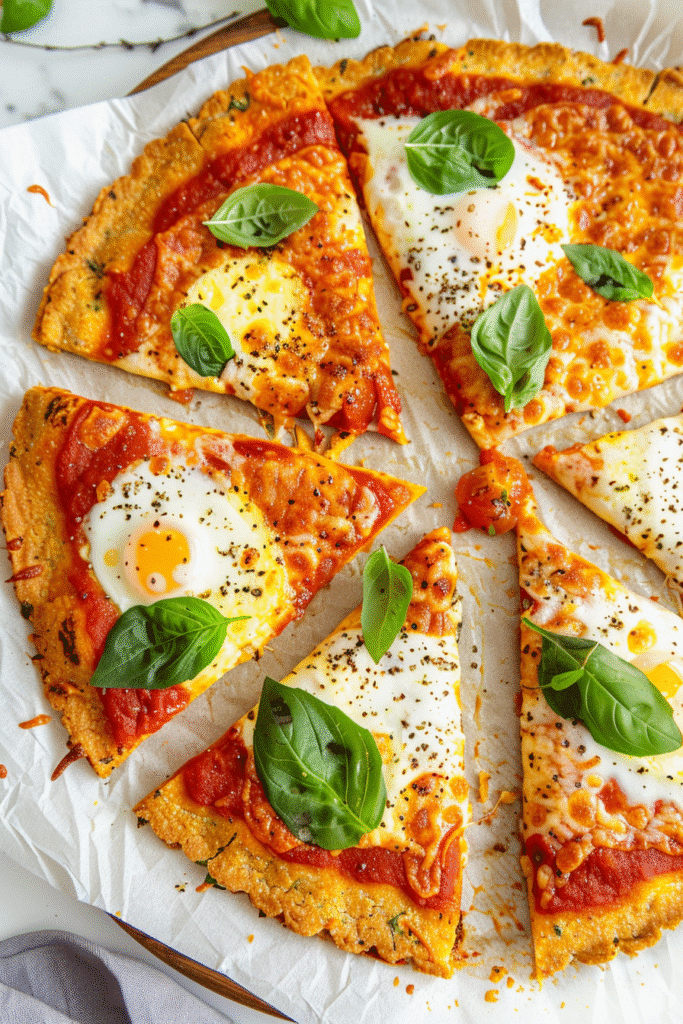 Keto Cottage Cheese Egg Pizza Crust: The Ultimate Gluten-Free Low-Carb Crust Alternative 16 Sliced keto pizza with baked eggs, melted cheese, tomato sauce, and basil