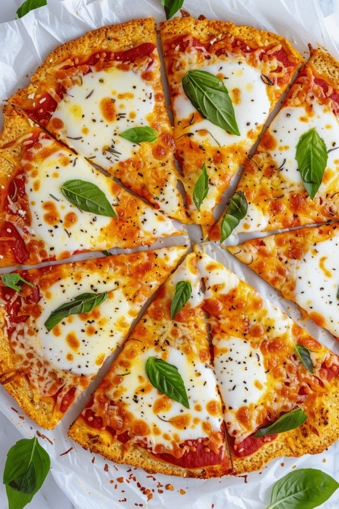 Keto cottage cheese egg pizza with melted mozzarella, tomato sauce, and basil