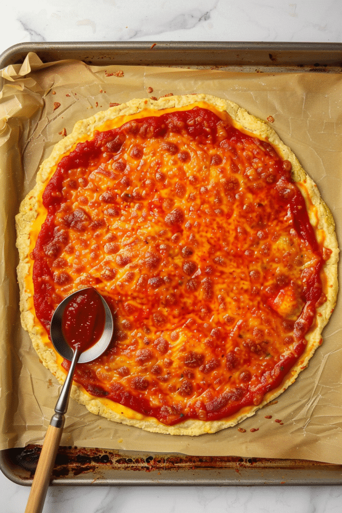 Keto Cottage Cheese Egg Pizza Crust: The Ultimate Gluten-Free Low-Carb Crust Alternative 13 Baked keto pizza crust topped with chunky tomato sauce