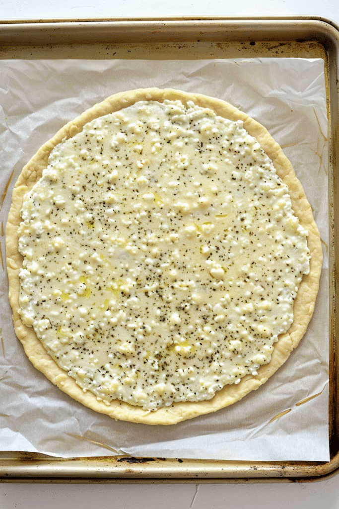 Keto Cottage Cheese Egg Pizza Crust: The Ultimate Gluten-Free Low-Carb Crust Alternative 11 Uncooked keto cottage cheese egg pizza crust spread on parchment paper