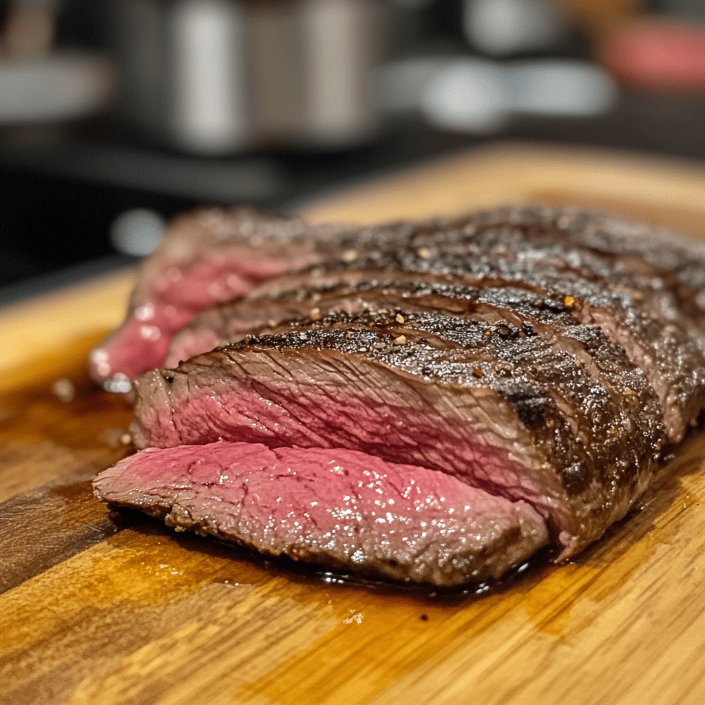 sous vide flank steak cooked medium-rare with seared crust