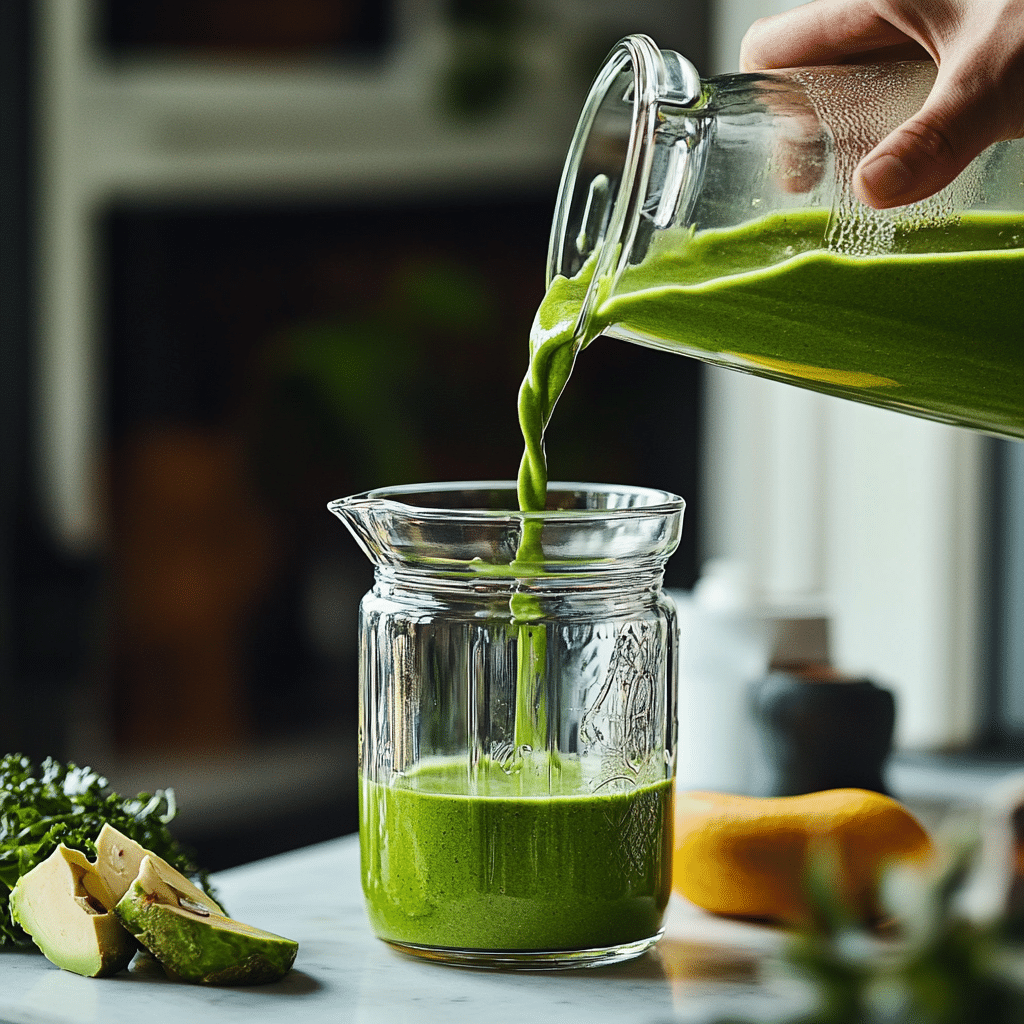 Pouring homemade detox island green smoothie into a glass