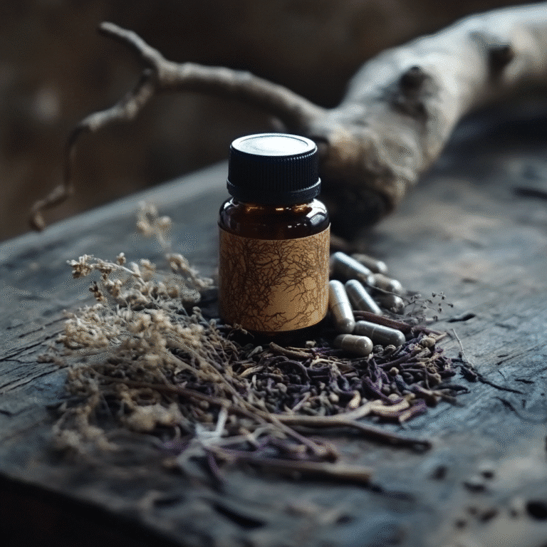 mountain root supplement on natural wood background