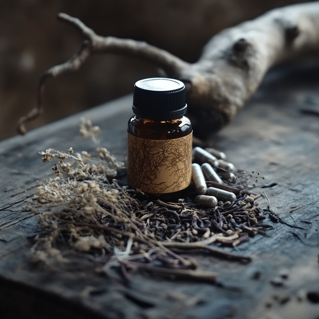 mountain root supplement on natural wood background