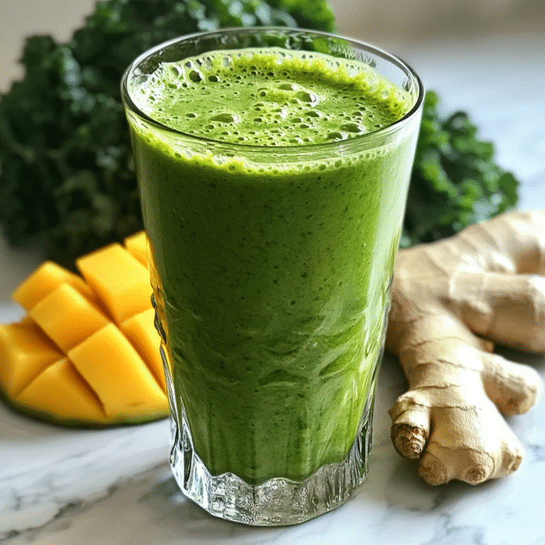 Detox island green smoothie with kale, spinach, mango, banana, and ginger