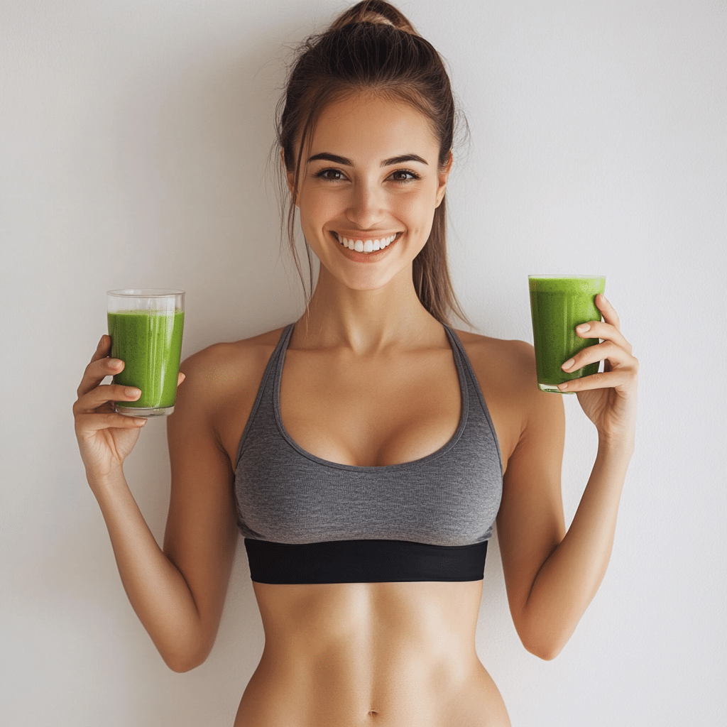 Woman holding detox island green smoothie after weight loss