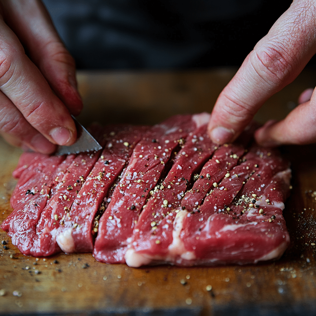 raw flank steak seasoned and prepped for sous vide