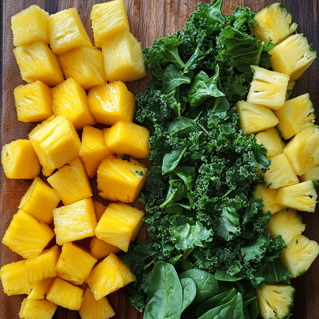 Ingredients for detox island green smoothie on a wooden board