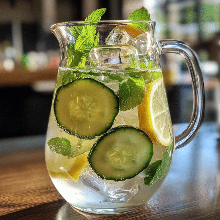 Cucumber lemon water recipe in a pitcher with mint