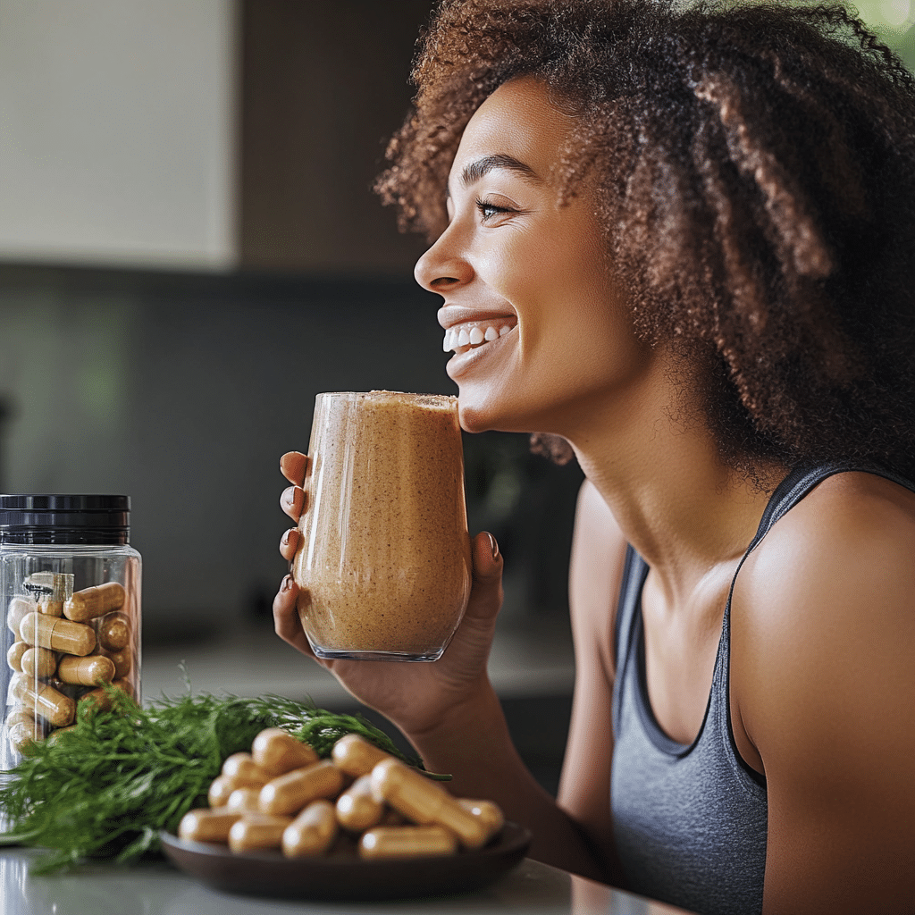 woman using mountain root supplement for energy