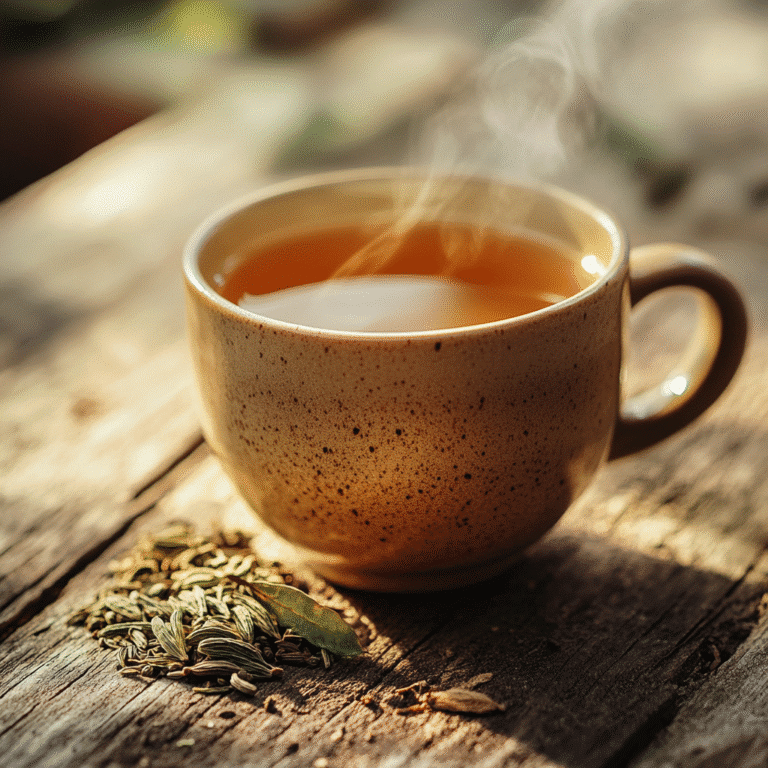 steaming cup of bariatric tea with cumin, coriander, and fennel seeds