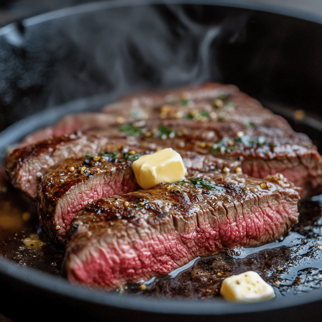 sous vide flank steak being seared in hot skillet