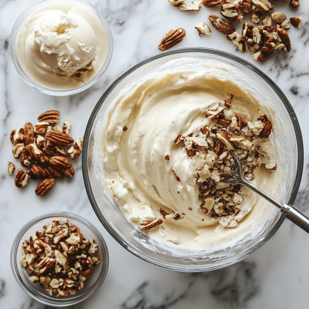 Mixing piñon nuts into ice cream custard base