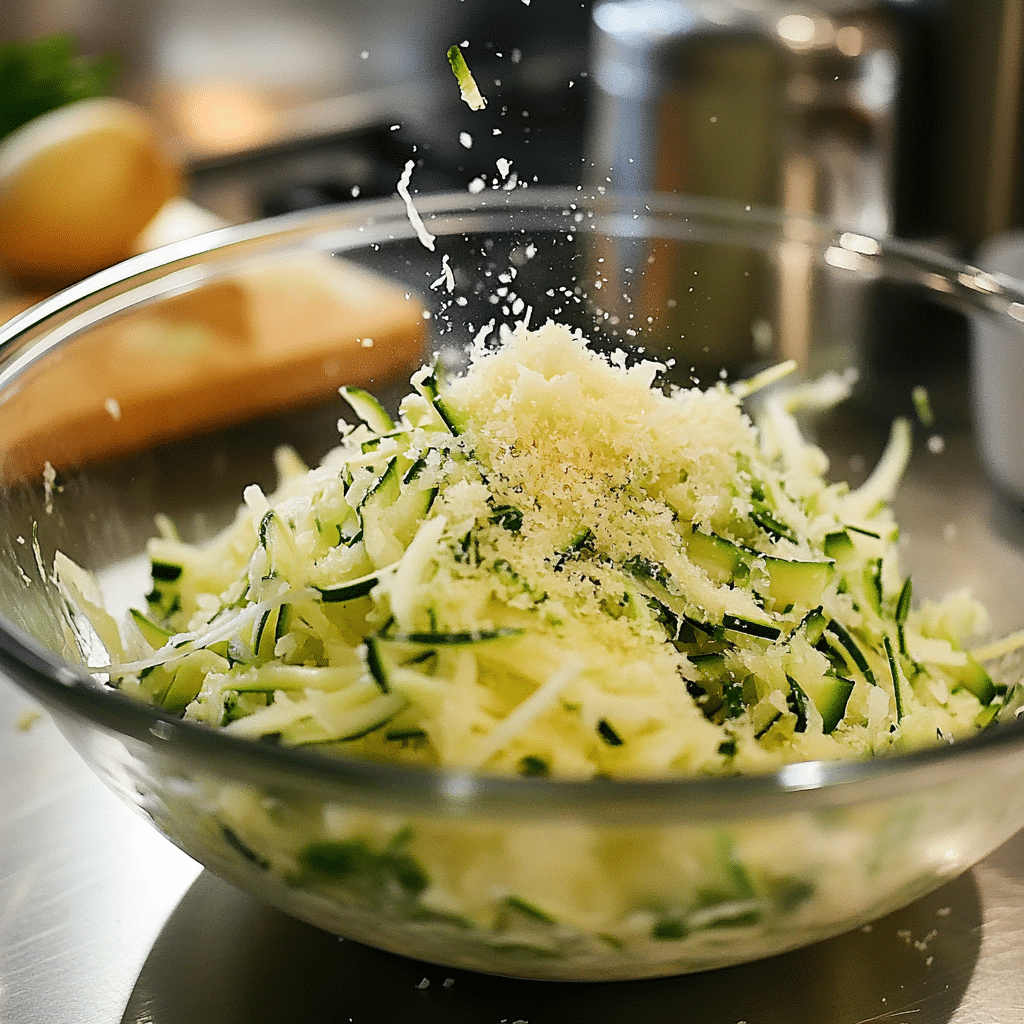 Mixing zucchini potato Parmesan batter for muffins