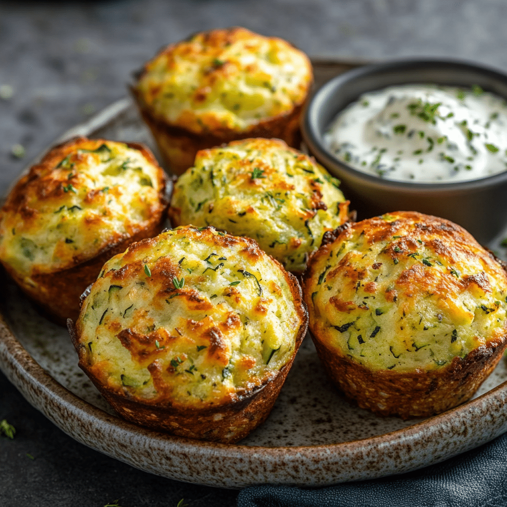 Serving crispy Parmesan zucchini potato muffins with dip