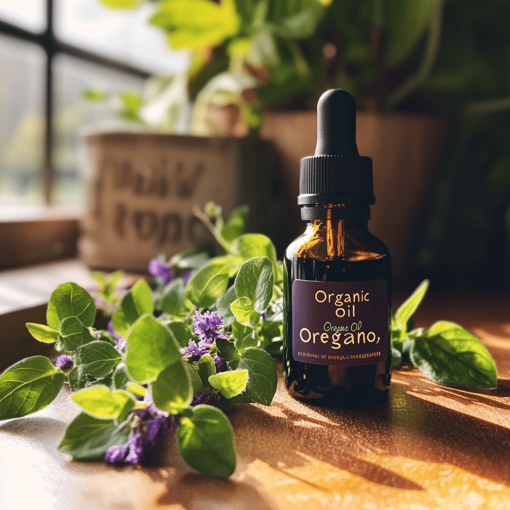 Organic oil of oregano bottle with fresh leaves