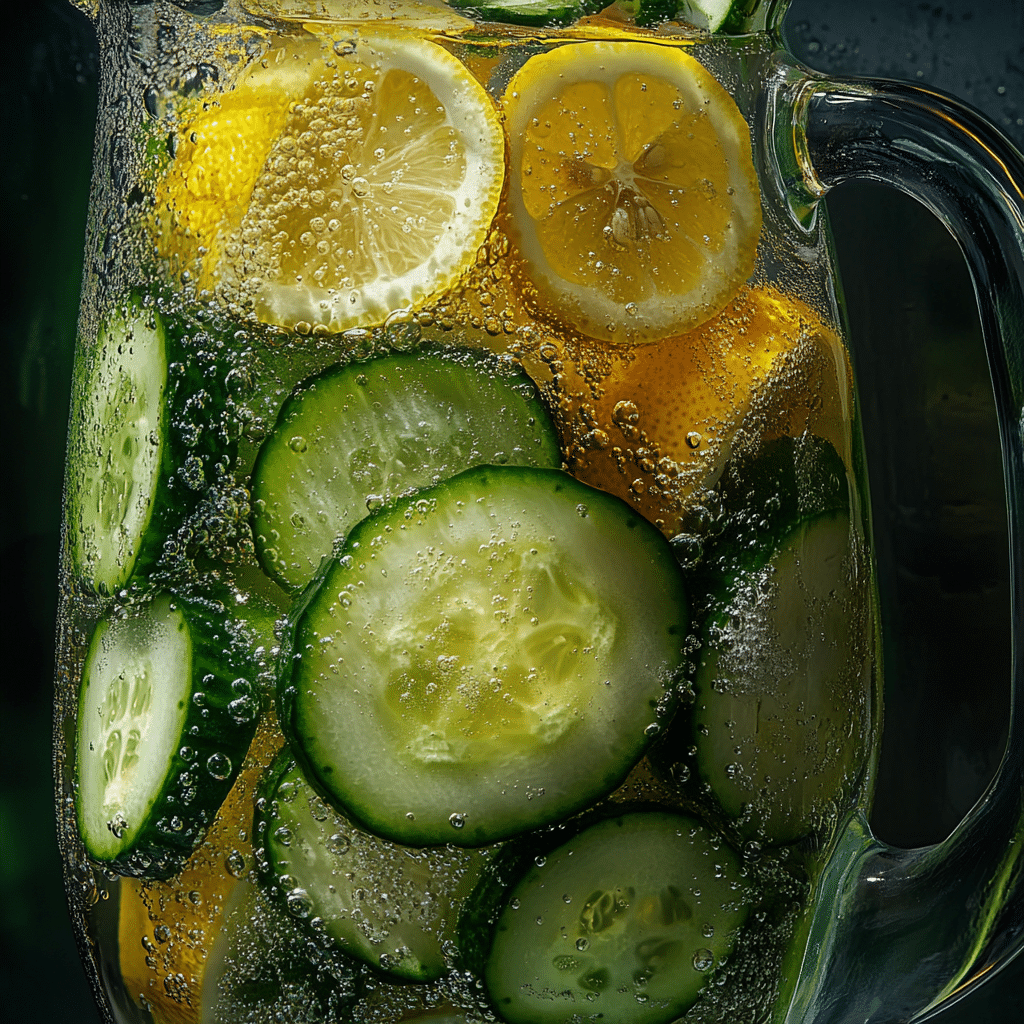 glass pitcher of water and cucumber and lemon