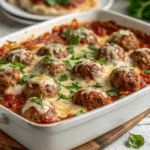 Keto Meatball Parmesan Casserole baked with cheese