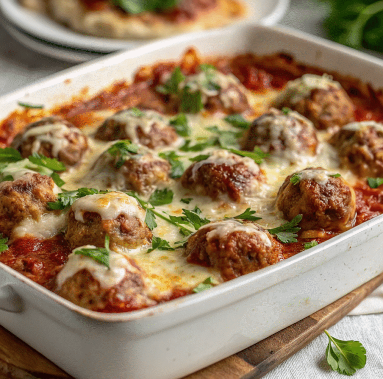 Keto Meatball Parmesan Casserole baked with cheese