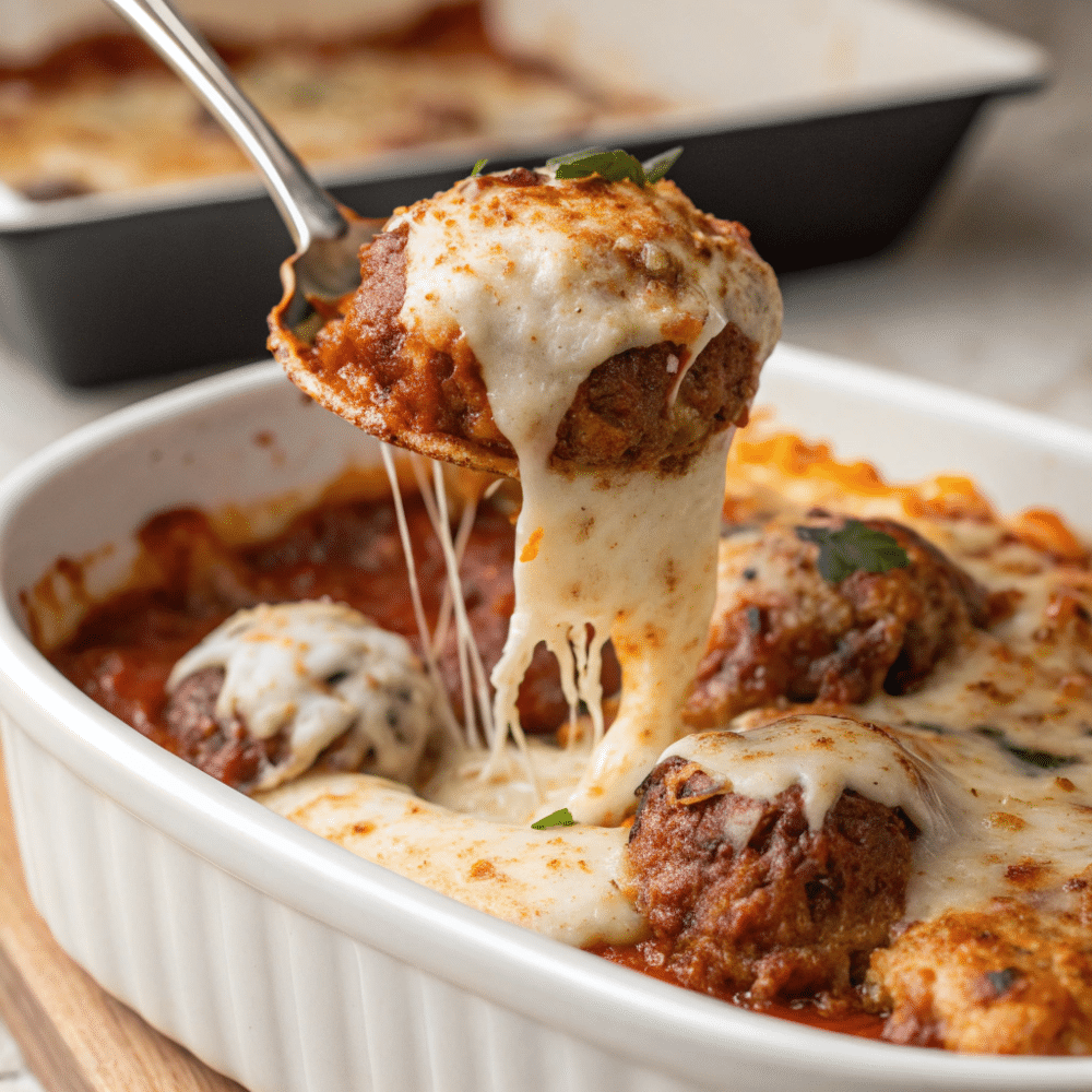 Serving Keto Meatball Parmesan Casserole with melted cheese