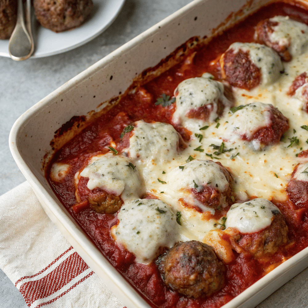 Layering Keto Meatball Parmesan Casserole with cheese and sauce