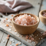 Himalayan salt diet pink salt crystals in a wooden bowl
