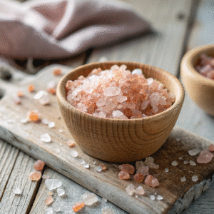 Himalayan salt diet pink salt crystals in a wooden bowl