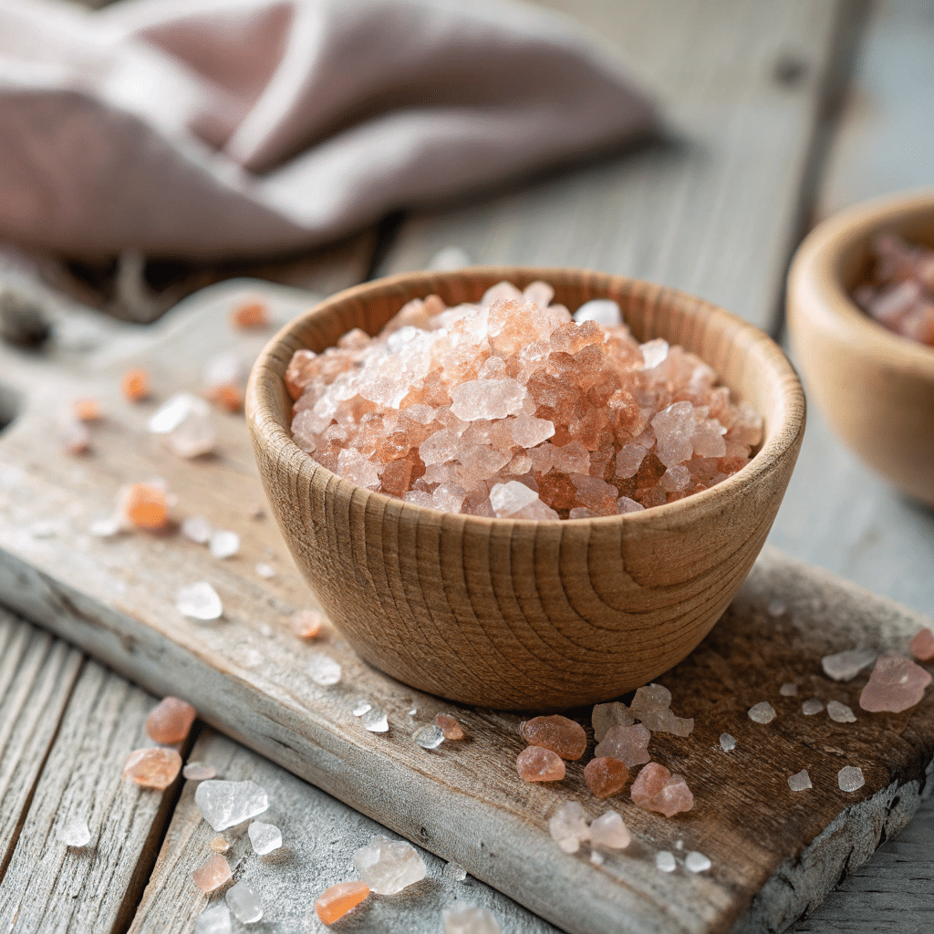 Himalayan salt diet pink salt crystals in a wooden bowl