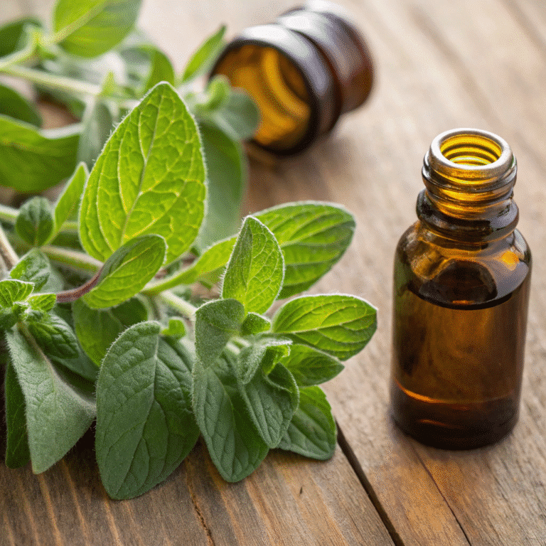 organic oil of oregano in amber bottle with fresh leaves