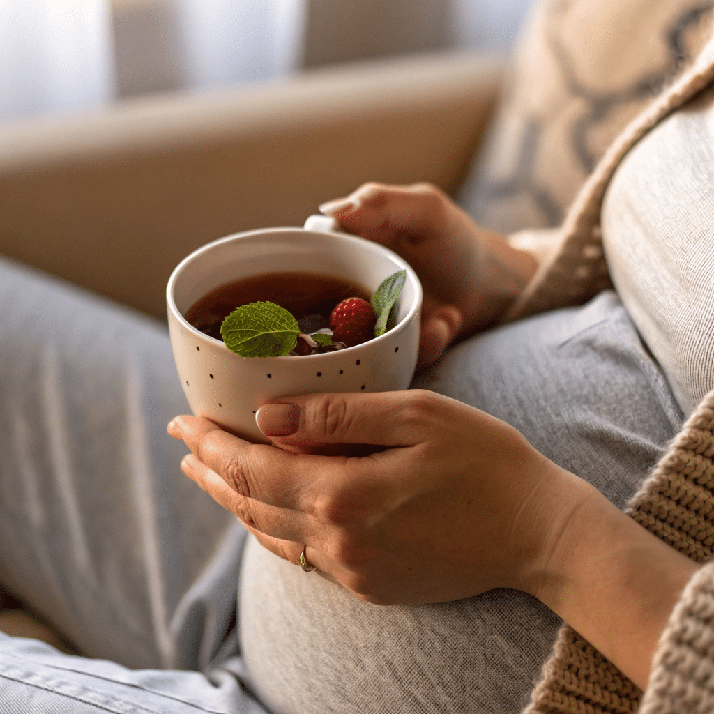pregnant woman holding raspberry leaf tea drink