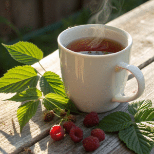 raspberry leaf tea drink in a ceramic cup with fresh leaves