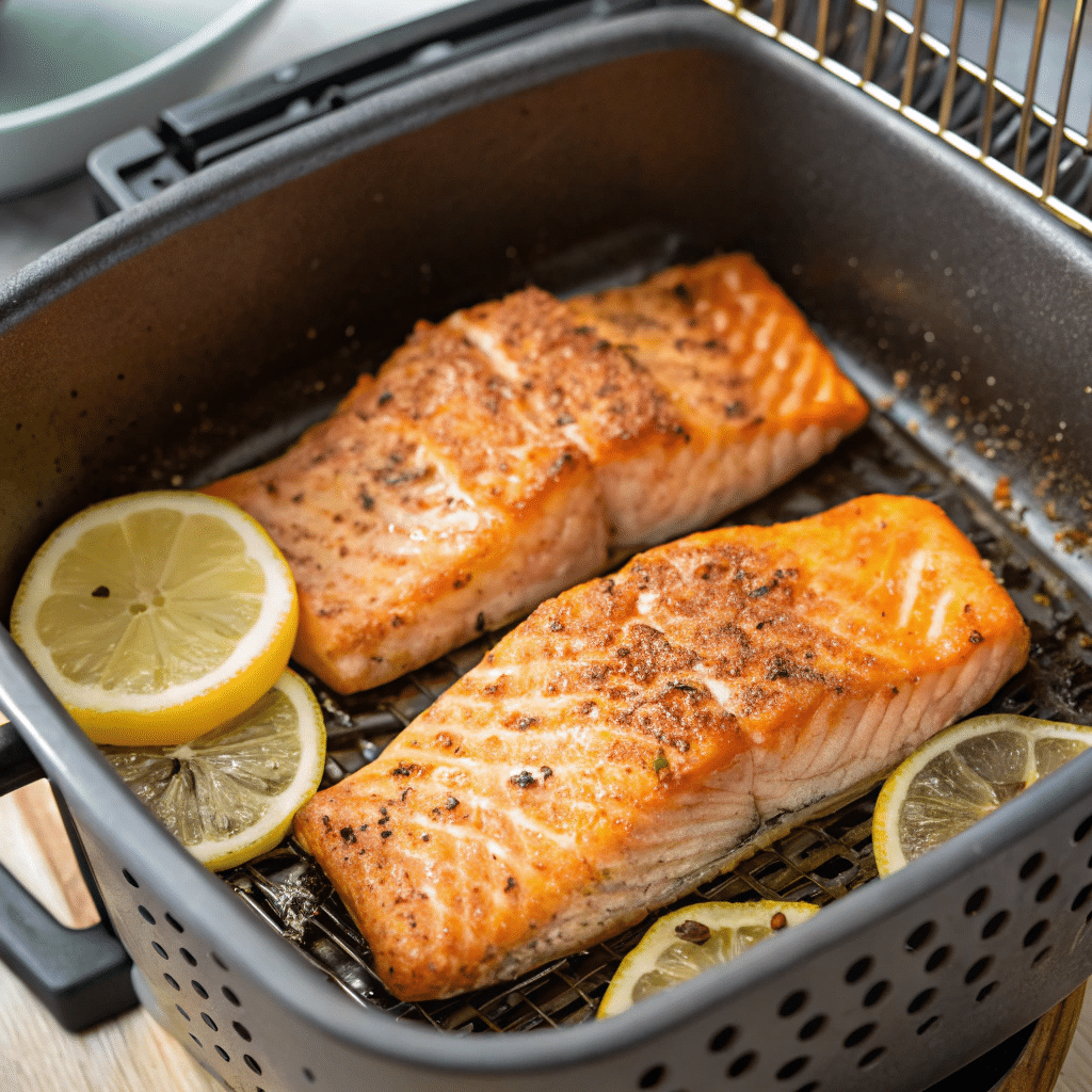 Air fryer salmon recipe cooked perfectly with lemon slices