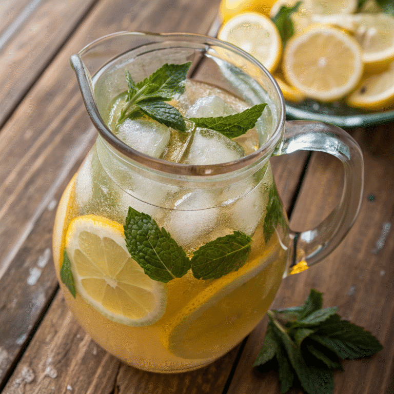 Honey Lemonade pitcher with lemon slices and mint