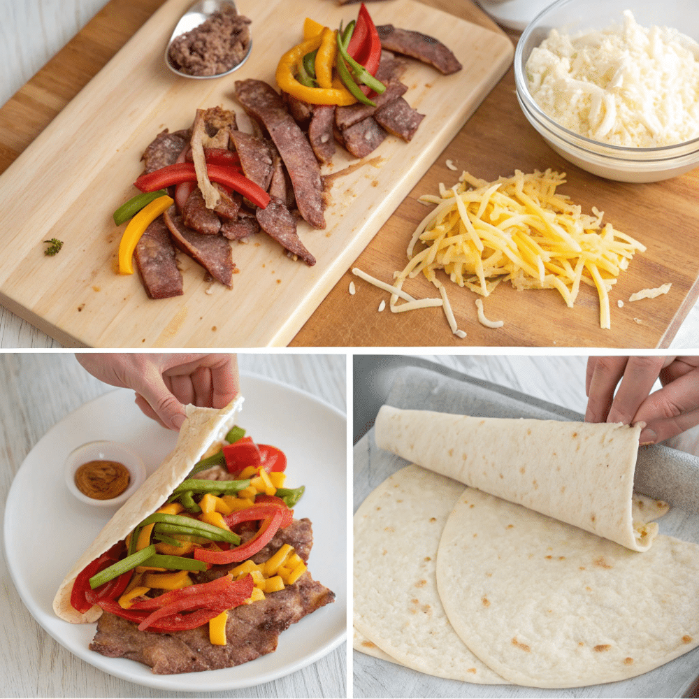 Assembling keto Philly cheesesteak rolls with steak and peppers