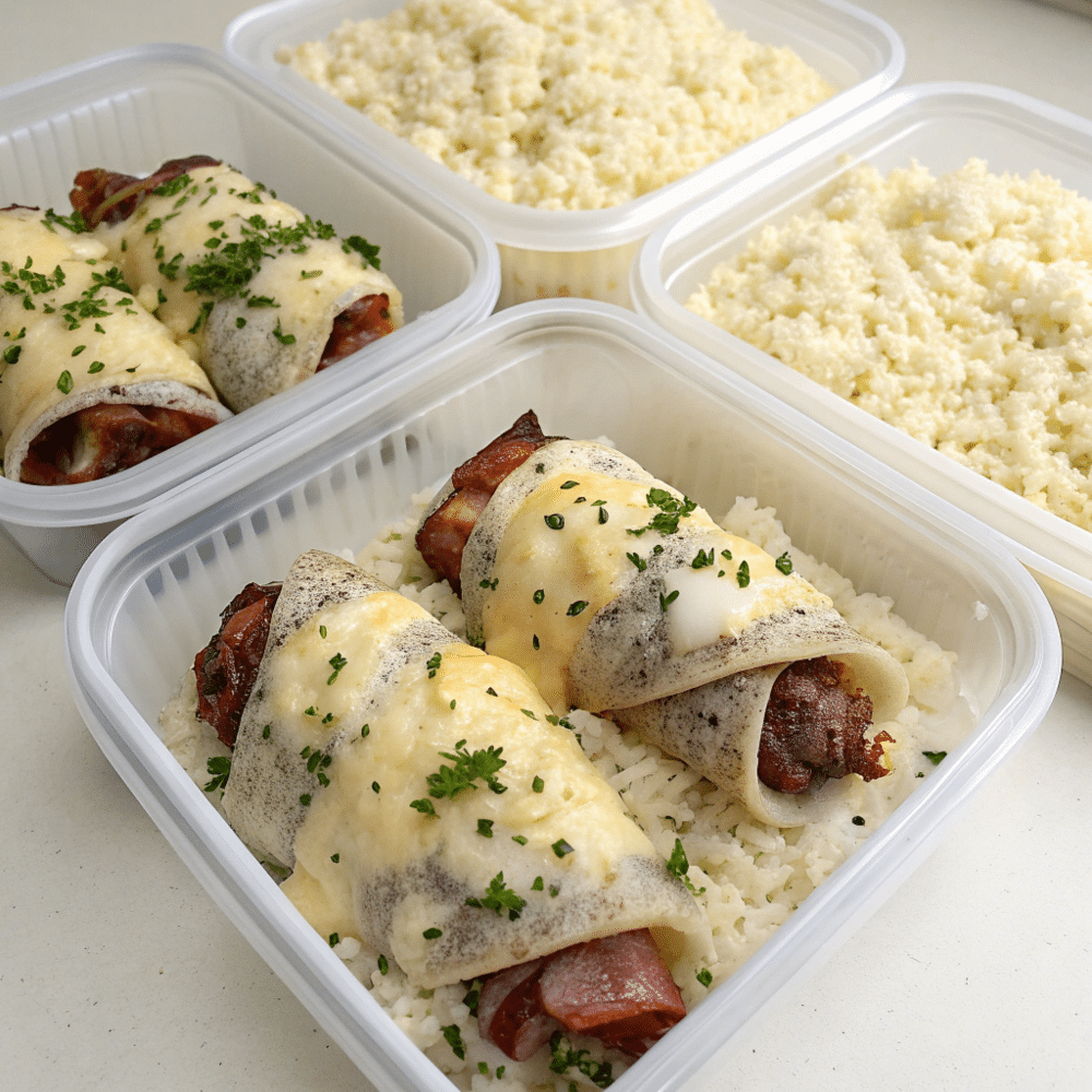 Meal prep containers with keto Philly cheesesteak rolls