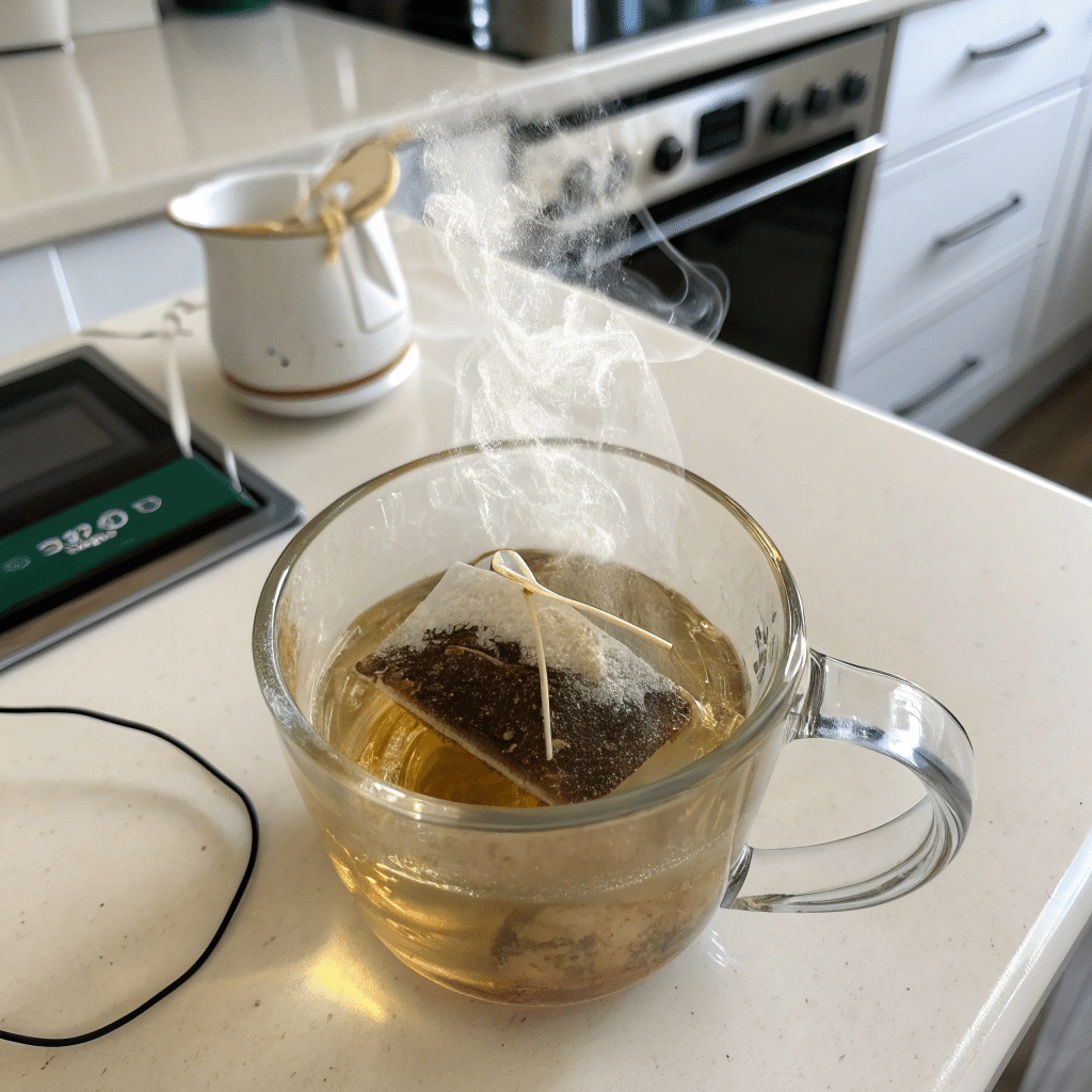 steeping raspberry leaf tea bag in hot water