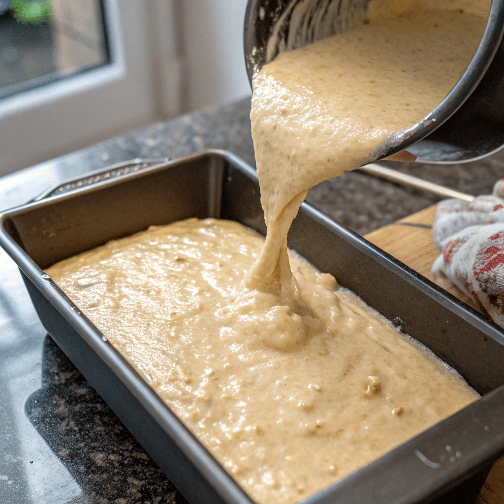 banana bread recipe no baking soda batter in pan