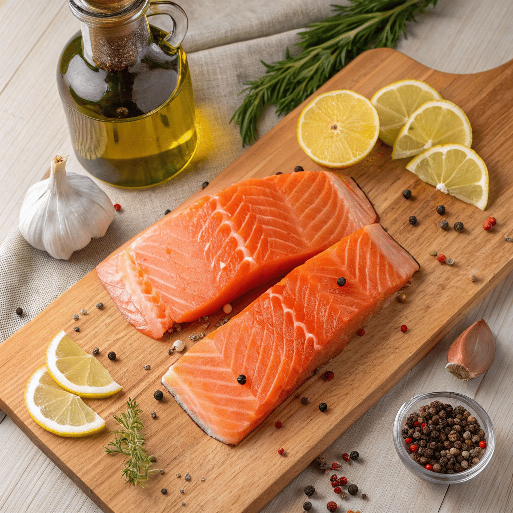 Ingredients for air fryer salmon recipe with fresh salmon fillets