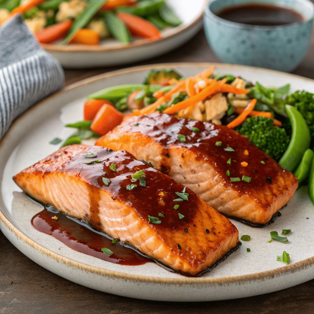 Air fryer salmon recipe with teriyaki glaze and vegetables
