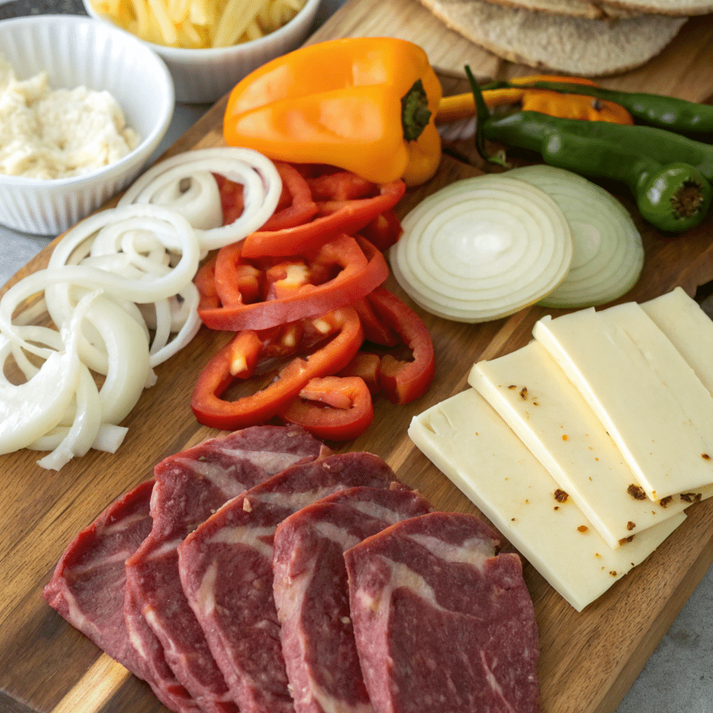 Ingredients for keto Philly cheesesteak rolls with steak, cheese, and peppers
