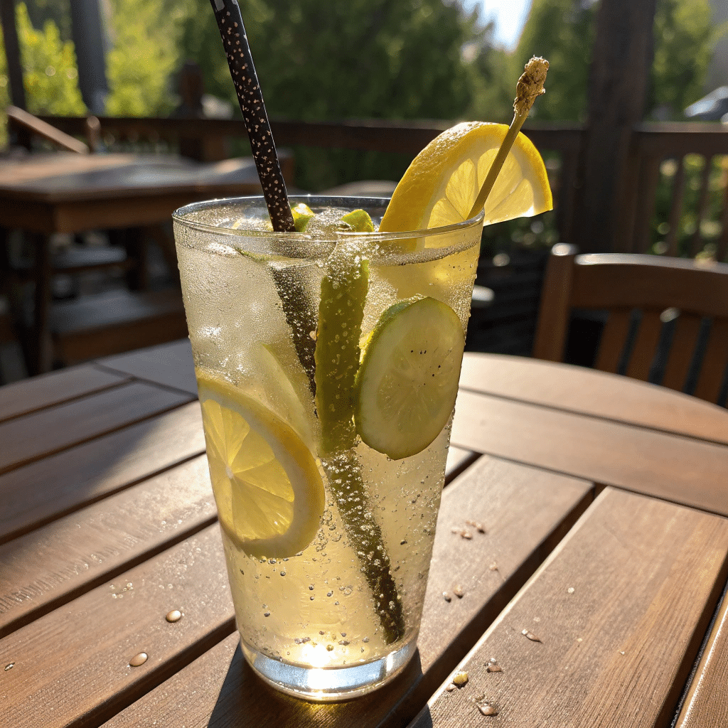 Pickle lemonade recipe served with lemon and pickle garnish