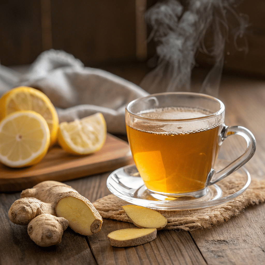 Ginger tea benefits with fresh ginger root and lemon