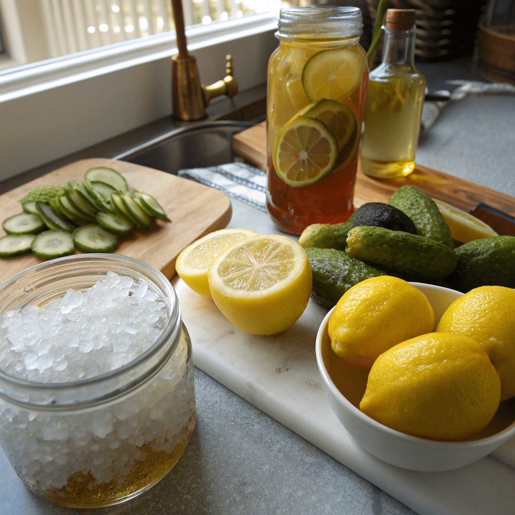 Ingredients for homemade pickle lemonade recipe